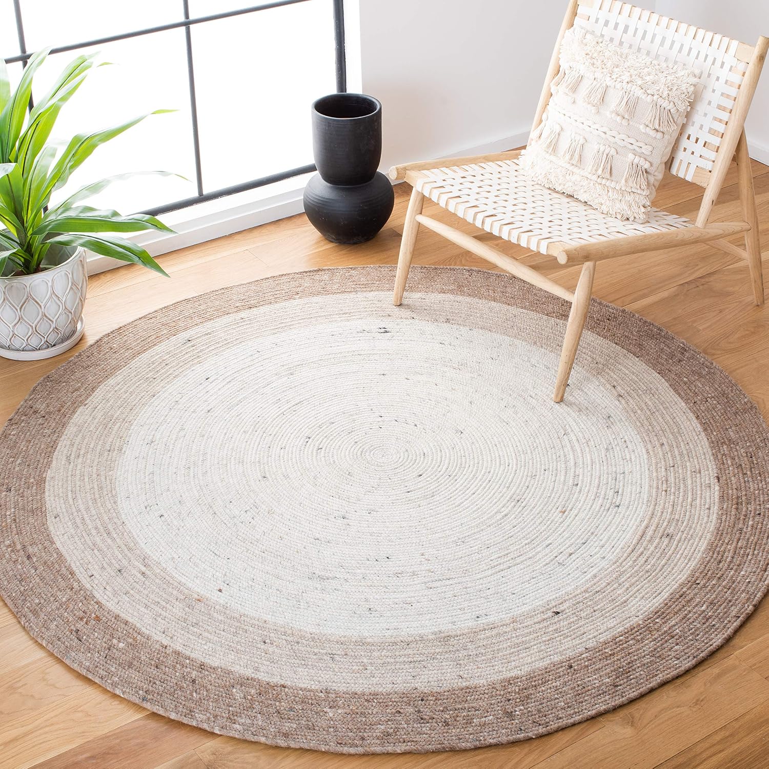 Beige Ivory Handwoven Wool Round Rug