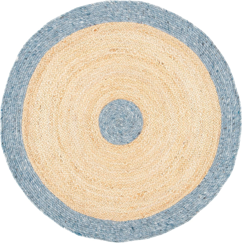 Light Blue Gold Braided Wool Round Rug