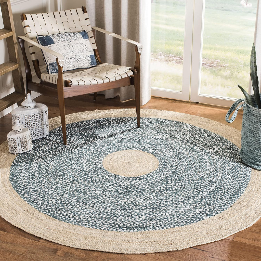Light Blue Natural Braided Jute Round Rug