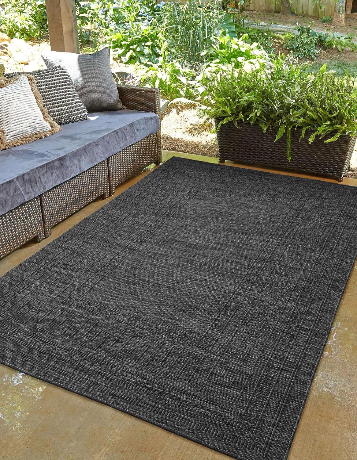 Charcoal Modern Bordered Indoor Outdoor Rug