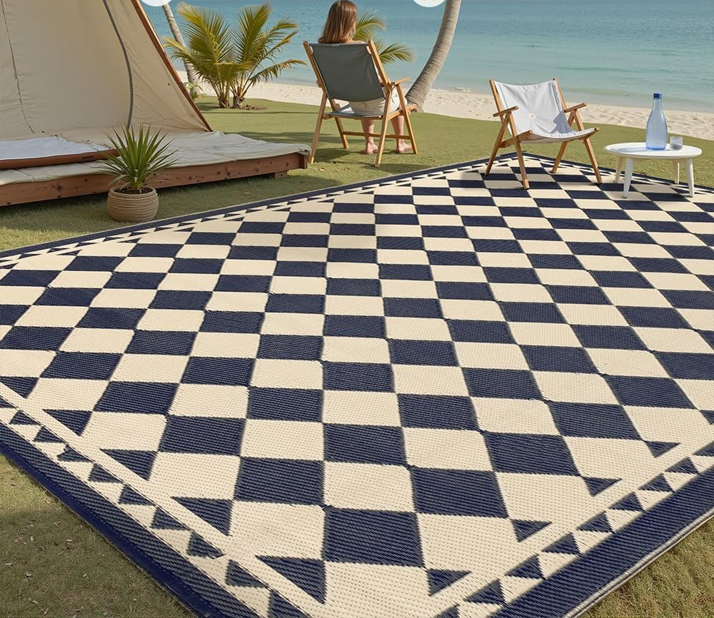 Black Beige Checkered Reversible Outdoor Rug